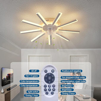 27" White Straight Strip Geometric Ceiling Fan with Lights, 3 Colors 6 Speeds Low Profile Ceiling Fan with Light for Kitchen Bedroom
