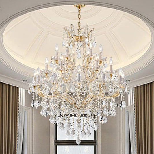 Large Gold Chandelier Light Fixtures - 24 Lights, 3 Layers Modern Crystal Chandeliers for Lobby, Foyer, Entrance Hall, Staircase