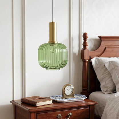 KCO Lighting Vintage Green Glass Pendant Light Kitchen Island Lighting Farmhouse Ribbed Glass Pendant Lighting Large Globe Pendant Light Fixture Brass Gold Single Ceiling Hanging Light