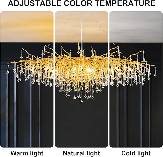 63in Modern Chandeliers, Tree Branch Chandelier Raindrop Crystal Pendant Light Fixtures, Gold Finish Chandeliers Light for Dining Room, Entryway, Living Room, 15-Light