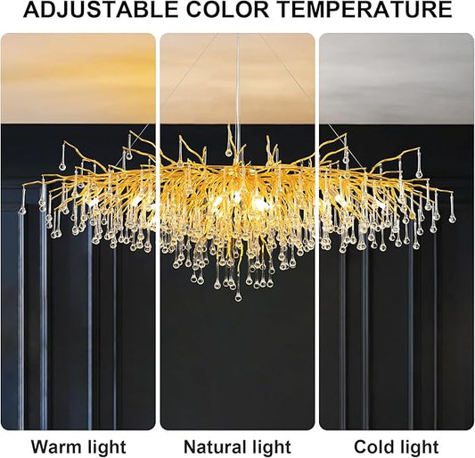 63in Modern Chandeliers, Tree Branch Chandelier Raindrop Crystal Pendant Light Fixtures, Gold Finish Chandeliers Light for Dining Room, Entryway, Living Room, 15-Light
