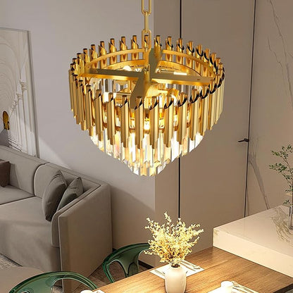Modern Gold Crystal Chandelier, 16" 5-Light Round Chandelier,3 Tiers Ceiling Pendant Light, Adjustable Hanging Chandeliers for Dining Room, Foyer, Living Room, Staircase