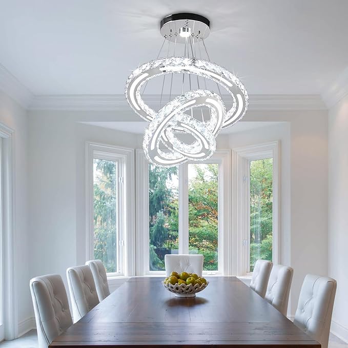 Chandeliers Modern Ceiling LED Fixture 3 Rings Adjustable Crystal Light Fixture Ceiling Hanging Pendant Light for Living Room Dining Bedrooms Hall 180mm Base 153 Crystals（White Light）