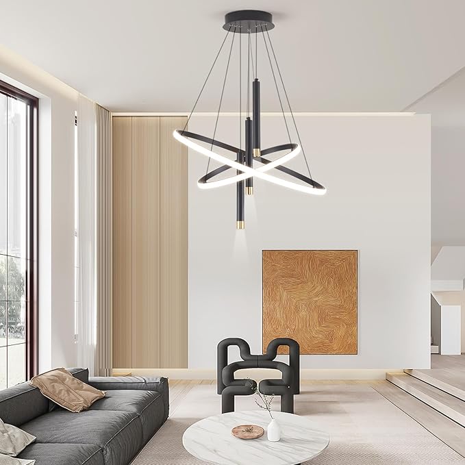 ORANOOR LED Black Modern Chandeliers for Dining Room Bedrooms Living Room, Dimmable 24in 5250lm Kitchen Pendant Lamp Dining Room Light Fixtures Ceiling Hanging Over Table, 2 Ring Round Chandeliers