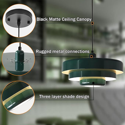 Mid Century Pendant Light Fixtures Ceiling Pendant Lighting 3-Layer Metal Shade Design Vintage Flush Mount Light for Dining Table Kitchen Island Hallway (Green)