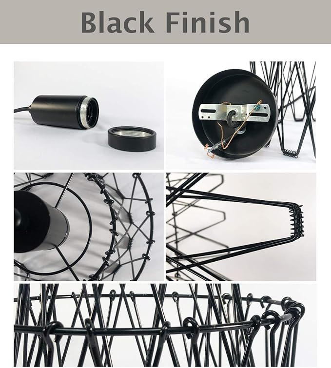 Royal Designs, Inc. Foldable Industrial Metal Pendant Light with Adjustable 7 ft Long Lamp Cord & Canopy, Create 9 Different Shapes, Black, Single