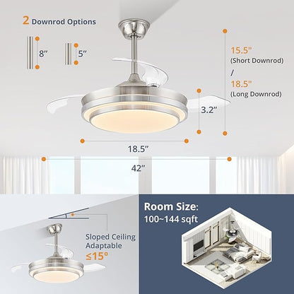 LEDIARY Retractable Ceiling Fans with Lights and Remote, 42 Inch Fandelier Ceiling Fans with LED Lighting, Smart Modern Ceiling Fan, Stepless Color Changeable, Dimmable, Timer Setting, Brush Nickel