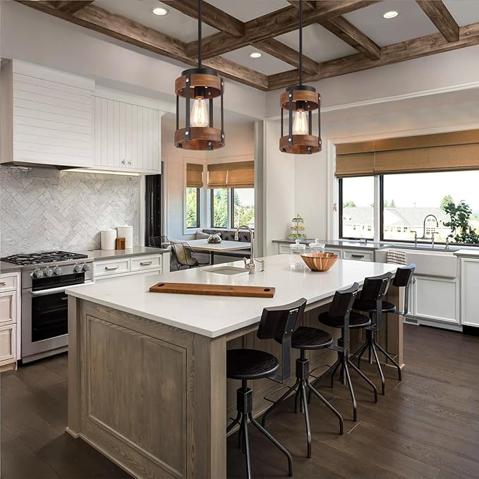 Rustic Farmhouse Wood Pendant Light Fixture One-Light Adjustable Rods Oak Wood and Metal Lantern Drum Small Pendant Lighting for Kitchen Island Sink Hallway Bathroom Bar Farmhouse, Black