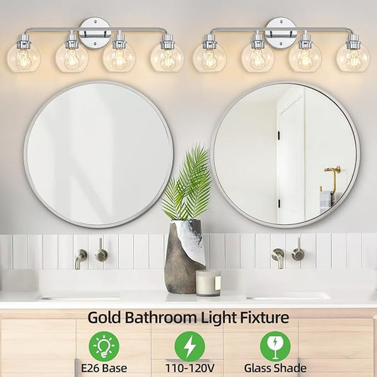 Bathroom Light Fixtures Chrome Vanity Light 27 Inch Silver 4 Light Modern Wall Sconces Lighting Bathroom Lights with Globe Glass Shades Bath Wall Lights for Mirror Kitchen Living Room Hallway