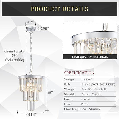 3 Pack Chrome Crystal Pendant Light, Modern 3 Tiers K9 Crystal Chandelier Mini Ceiling Pendant Light Fixture for Kitchen Island Dining Room Hallway Bedroom Closet