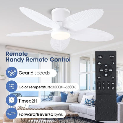 Surtime Palm Leaf Ceiling Fans with Lights-42 Tropical Ceiling Fan with Light and Remote/APP Control,Flush Mount Low Profile White Ceiling Fans for Bedroom,Indoor/Outdoor Patio Use