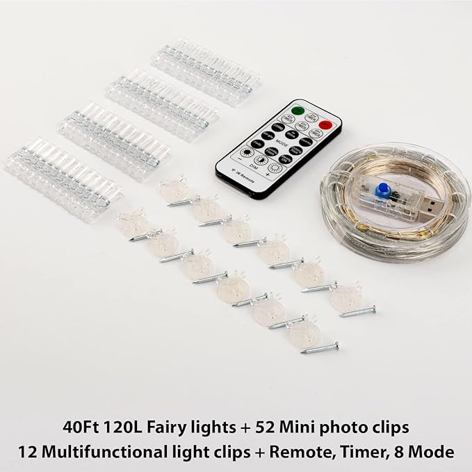 HXWEIYE 120LEDs Multicolor Photo Clips String Light, 40Ft Fairy Light with 52 Clear Clips & 12 Hooks on Wall, Timer & 8 Modes USB Powered Copper Wire String Light for Hanging Picture, Bedroom Party