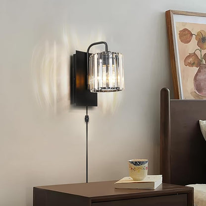 Plug in Sconces, Square Crystal Sconce Black Plug in Wall Sconce with On Off Dimmer Cord, Glass Wall Light Fixtures for Living Room Bedroom Hallway Staircase Bedside
