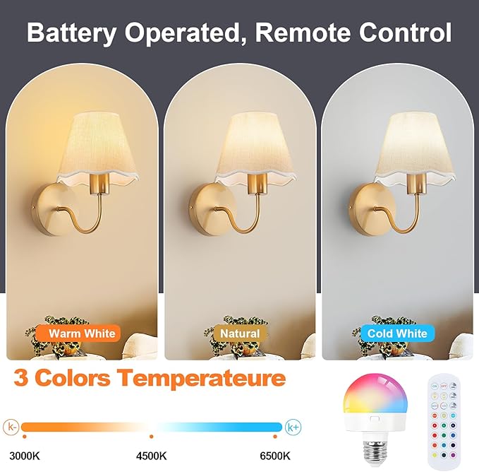 ADISUN Battery Operated Wall Sconce Set of 2, Gold Wall Lamps Rechargeable Bulbs for Living Room, Cream Rattan Shade, Wireless Wall Lights for Bedroom Living Room Hallway Kitchen(2 Bulbs Included)