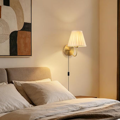 Plug in Wall Sconces Set of Two, Fabric Shade Wall Light with On/Off Switch, Plug in Wall Mount Lamps Wall Decor Set of 2, Gold Sconces Wall Lighting Fixture for Bedroom Bedside Living Room Porch