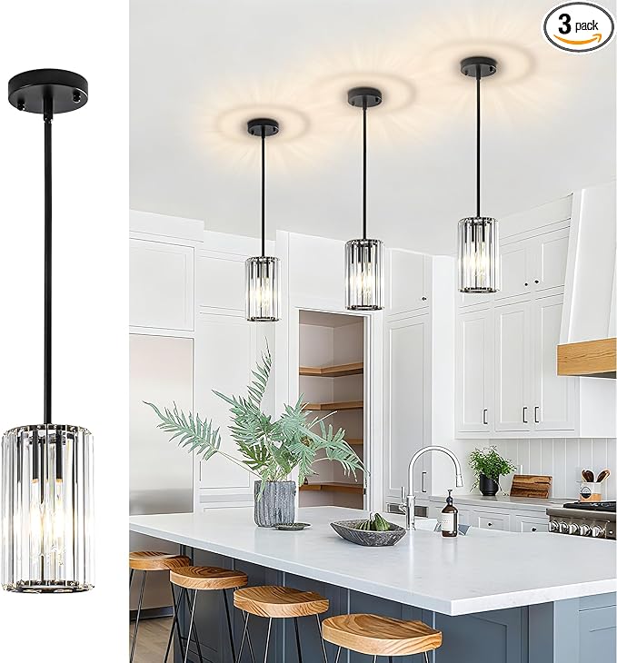3 Pack Black Modern Crystal Pendant Lights, Hanging Light Fixtures Mini Kitchen Island Pendant Lights Adjustable Crystal Chandelier Fixture for Island Dining Room Hallway Bedroom