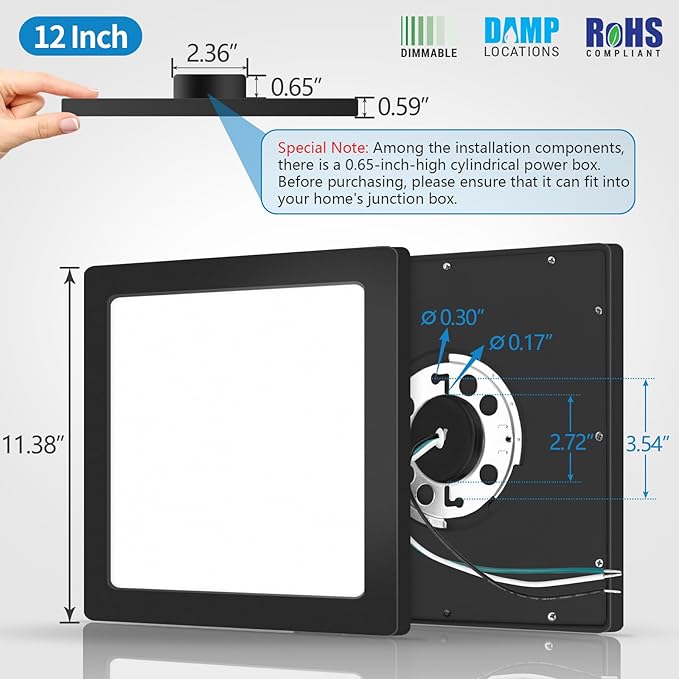 mw 12 Inch Square Black Ceiling Light, 24W 120V, 3000K/4000K/5000K, Dimmable Slim LED Ceiling Light, Ceiling Light Fixtures for Bedroom, Kitchen, Hallway, Laundry, ETL Listed, Each Side is 11.38"