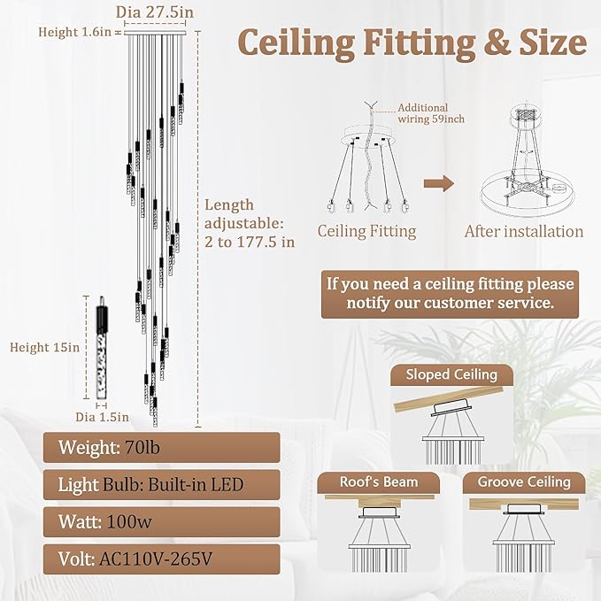Flashing God Gold 28 Lights Large Foyer Chandeliers for High Ceilings 12 feet Long Spiral Stair Pendant Chandelier Crystal Ceiling Light Fixtures Dimmable 2700k-4500k-6000k