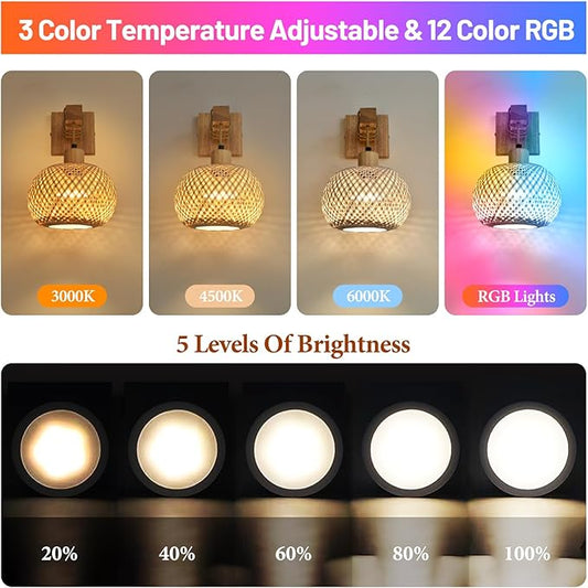 Boho Battery Operated Wall Sconce Set of Two, Rechargeable Wall Sconces with Remote,Wireless Sconces Set of 2 for Bedroom,Living Room,Entryway RGB 15 Colors Dimmable-Bright Wood