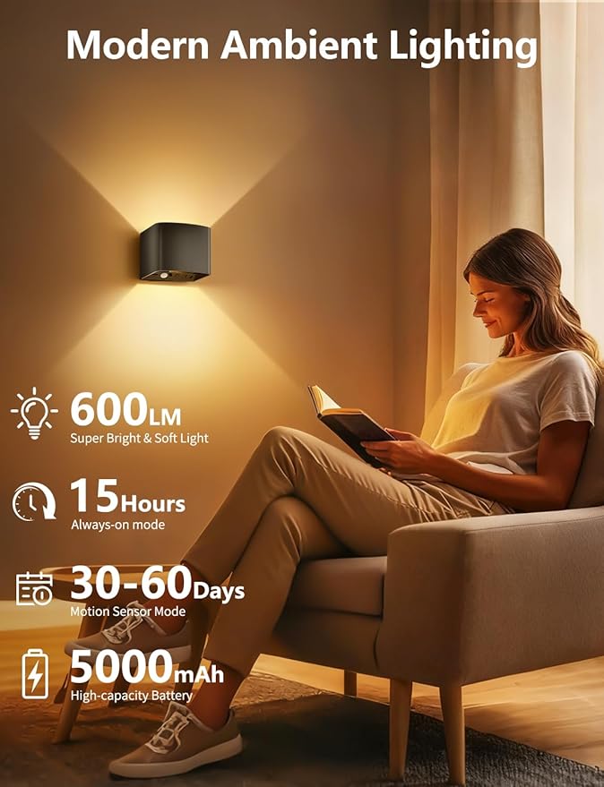 Rechargeable Motion Sensor Wall Lights, LED Wireless Sconces with Remote Control, 10-100% Dimmable 2700-6500K, Adjustable Beam Angle, 3 Modes, Black 5000mAh for Bedroom, Hallway, Stairs, 4-Pack