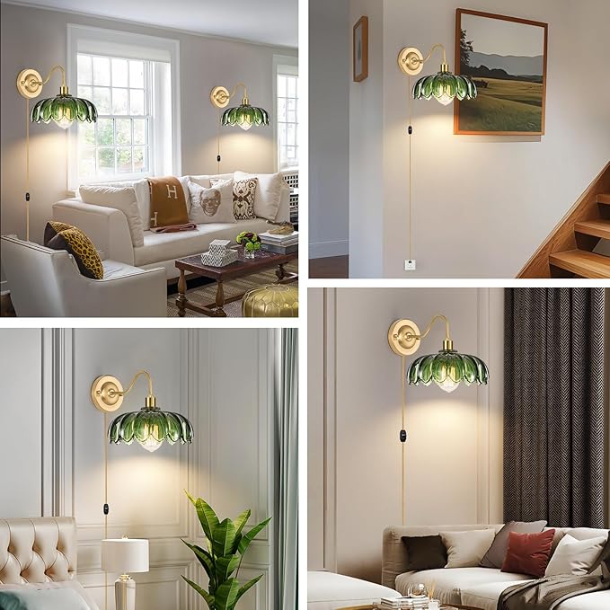 ZECOXOL Vintage Plug in Wall Sconces Set of Two,Dimmable Wall Sconces Lamp with Plug in Cord & Flower Glass Lampshade,Gold Sconces Wall Decor Set of 2 Plug in Wall Lights Sconces for Bedroom