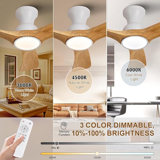 Flush Mount Ceiling Fans with Lights,36 inch,Remote Control,Wall Switch,Solid Wood Blades,Dimmable,Reversible Noiseless,Power Off Memory Modern Ceiling Fan for Bedroom Patio Indoor