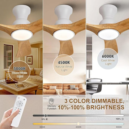 Flush Mount Ceiling Fans with Lights,36 inch,Remote Control,Wall Switch,Solid Wood Blades,Dimmable,Reversible Noiseless,Power Off Memory Modern Ceiling Fan for Bedroom Patio Indoor