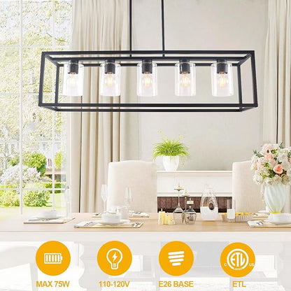 Kalium Chandeliers for Dining Room, 5 Light Dining Room Light Fixture Modern Metal Industrial Kitchen Lighting Fixtures Easy Installation Pendant Lights for Bar Restaurant, Coffee Shop-E26 Base,Black