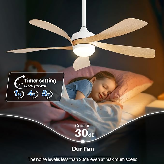 CACI Mall 52 Inch Ceiling Fans with Lights and Remote, modern, Outdoor ceiling fan with 6-Speed, 5 Blades, 2 Downrods, 3 CCT, Timer, Quiet Reversible DC Motor for Living Room, Bedroom, Patios