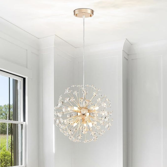 AGV LIGHTING Modern Crystal Chandelier Sputnik Dandelion Pendant Light Fixture, 6-Light Gold Chandelier for Dining Room Living Room Bedroom Foyer