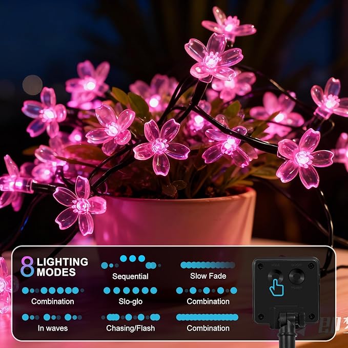 2 Pack Total 52FT 120 LED Solar String Lights Outdoor Waterproof Flower Fairy Lights for Garden Fence Patio Yard Christmas Tree Lawn Wedding Party Decor, Pink