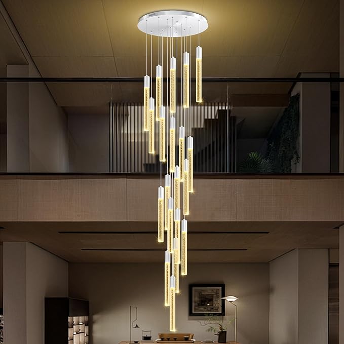 Large 20-Light Silver Crystal Chandelier, Modern Dimmable LED Height Adjustable Pendant Light, Luxury Hanging Fixture for High Ceilings, Foyer, Staircase, Hotel Lobby
