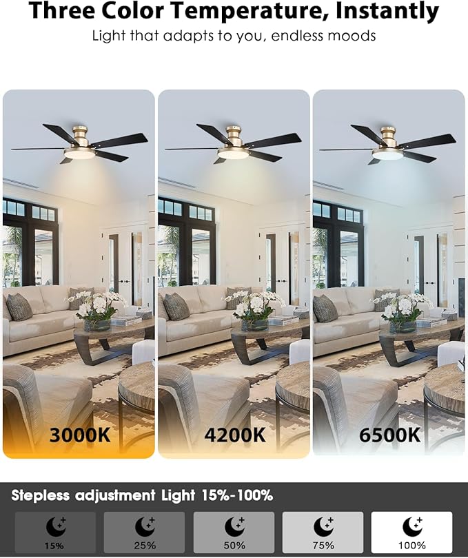 52 Inch Low Profile Gold Ceiling Fan with Lights, Modern Black and Gold Ceiling Fans with Remote/APP for Indoor Bedroom, Flush Mount, 12.2'' Large 3CCT LED Light Panel, 6-Speed Quiet DC Motor
