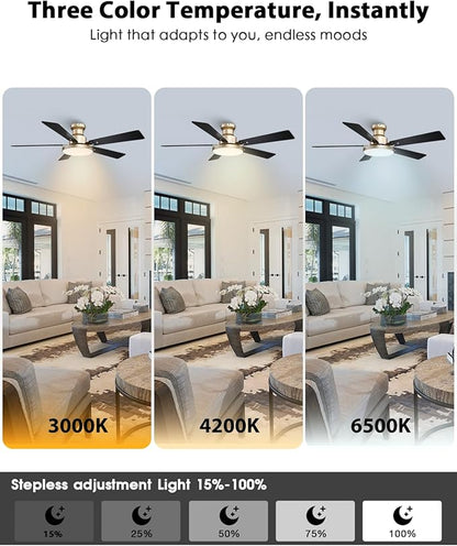 52 Inch Low Profile Gold Ceiling Fan with Lights, Modern Black and Gold Ceiling Fans with Remote/APP for Indoor Bedroom, Flush Mount, 12.2'' Large 3CCT LED Light Panel, 6-Speed Quiet DC Motor