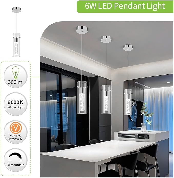 Pendant Ceiling Light Fixture for Kitchen Island, Chrome Pendant Light Integrated LED Hanging Light with Crystal Bubble Glass Pendant Light Modern Pendant Lights Kitchen Island (3-Pack)