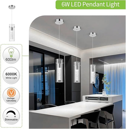 Pendant Ceiling Light Fixture for Kitchen Island, Chrome Pendant Light Integrated LED Hanging Light with Crystal Bubble Glass Pendant Light Modern Pendant Lights Kitchen Island (3-Pack)