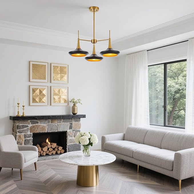 3-Lights Modern Chandelier,Black and Brass Chandelier for Dining Room Living Room,Mid-Century Pendant Light Fixtures,Industrial Hanging Light Fixture,E12