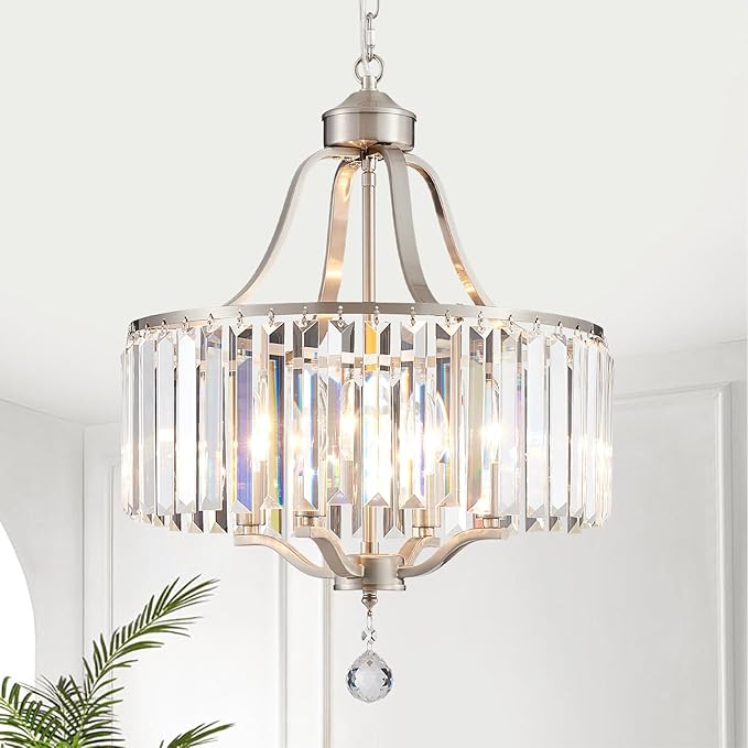 Crystal Chandelier - Modern Pendant Light - 15.7 Inch Diameter Height Adjustable Brushed Nickel Ceiling Light - Ideal for Dining Rooms, Kitchens, Living Rooms