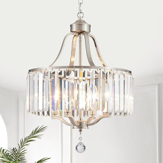 Crystal Chandelier - Modern Pendant Light - 15.7 Inch Diameter Height Adjustable Brushed Nickel Ceiling Light - Ideal for Dining Rooms, Kitchens, Living Rooms