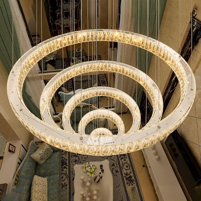 HAIXIANG 5-Rings Modern Chandelier with LED Dimmable Lights Crystal High Ceiling Chandeliers Lighting for Living Room Foyer Entryway Luxury Indoor Light Silver Fixtures