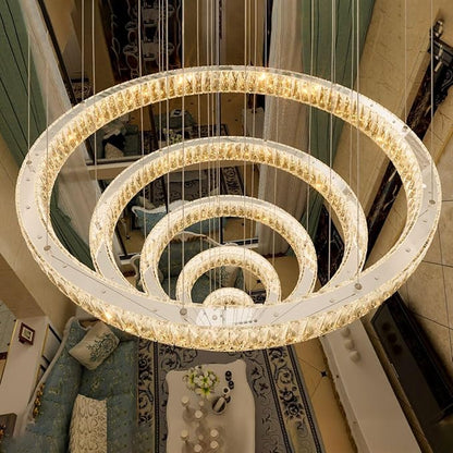 HAIXIANG 5-Rings Modern Chandelier with LED Dimmable Lights Crystal High Ceiling Chandeliers Lighting for Living Room Foyer Entryway Luxury Indoor Light Silver Fixtures