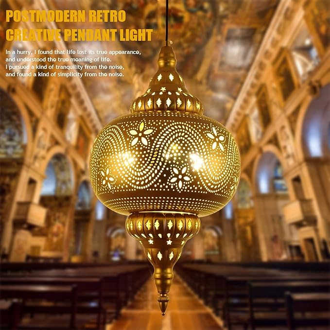 Moroccan Pendant Light - Turkish Gold Vintage Chandelier - Iron Porous Arabic Wall Light - Plug-in Ceiling Hanging Light for Kitchen Island, Restaurant, Hallway, Foyer