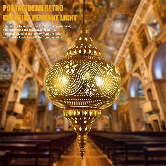 Moroccan Pendant Light - Turkish Gold Vintage Chandelier - Iron Porous Arabic Wall Light - Plug-in Ceiling Hanging Light for Kitchen Island, Restaurant, Hallway, Foyer