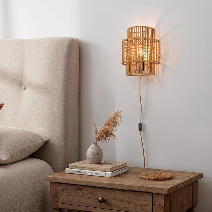 Plug-in Boho Wall Sconces Set of 2, Handwoven Rattan Wall Lights with On/Off Switch, Bohemian Light Fixtures for Bedroom, Living Room