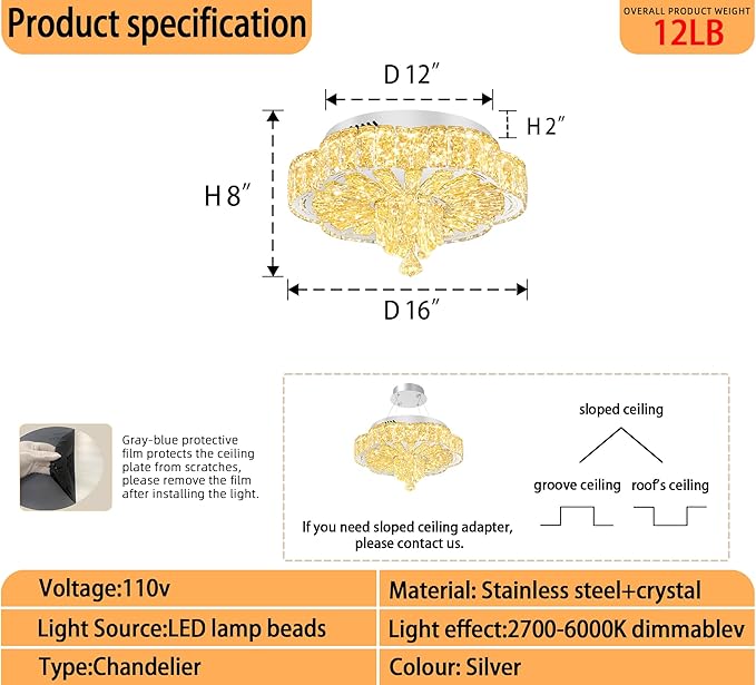 Modern Crystal Chandelier for Living Room 16in Chrome Crystal Raindrop Ceiling Light for Room Bedroom LED Dimmable 2700K-6000K