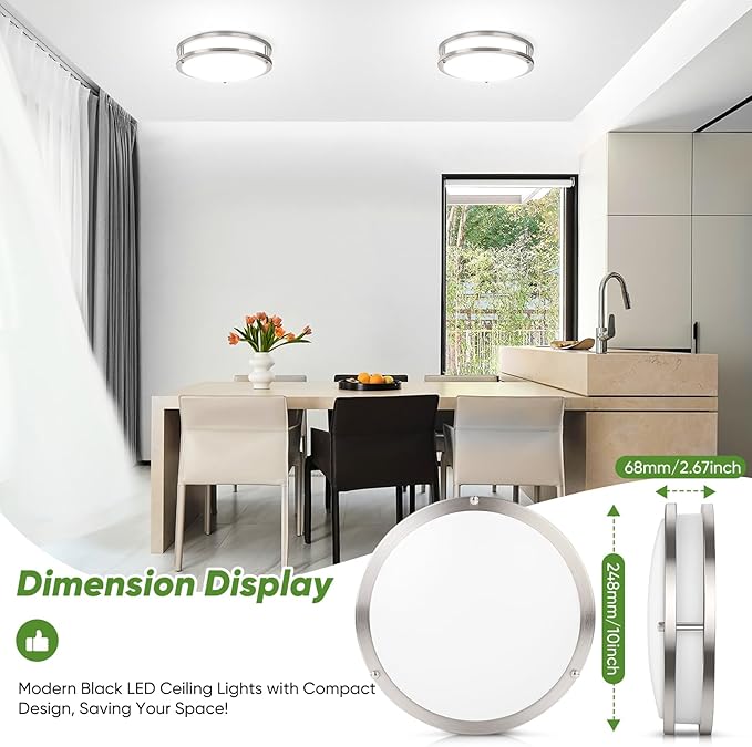 TOBUSA 2-Pack 10inch Bathroom Light Fixtures Ceiling Mount, 30W 3600lm Super Bright LED 2700K/3000K/4000K/5000K/6500K Adjustable Dimmable Kitchen Hall Ceiling Lamps, Brushed Nickle