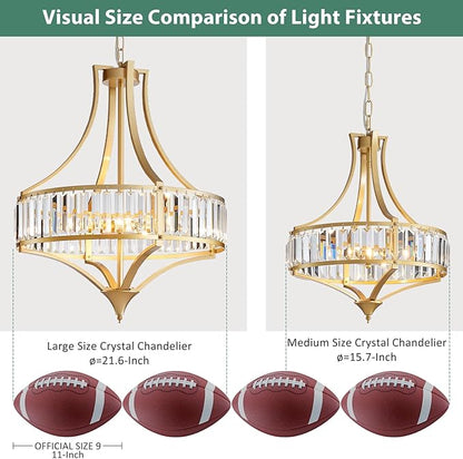Modern Gold Crystal Chandelier, 6-Light Round Pendant Lighting Fixtures, 21.6" Height Adjustable Ceiling Light for Living Room, Kitchen, Dining Room