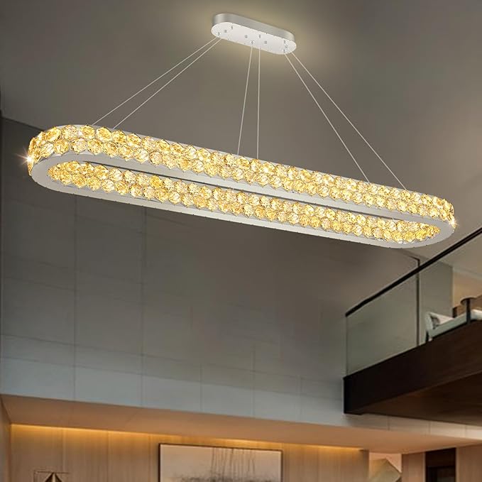 59'' Modern Oval Chandelier Crystal Chandeliers for Dining Room Round Ceiling Light Fixture for Living Room Lighting LED Dimmable with Remote Ring Lights Silver