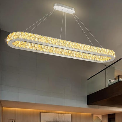 59'' Modern Oval Chandelier Crystal Chandeliers for Dining Room Round Ceiling Light Fixture for Living Room Lighting LED Dimmable with Remote Ring Lights Silver