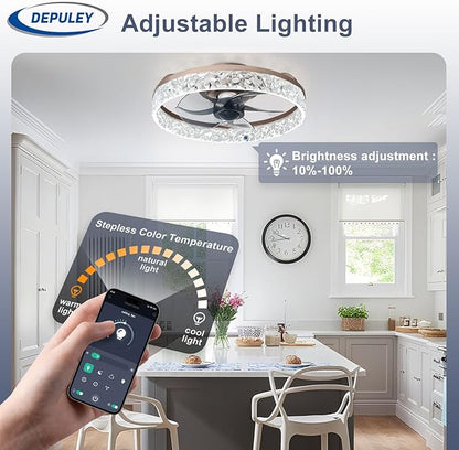 Depuley Ceiling Fans with Lights and Remote: 16" Modern Low Profile Flush Mount Ceiling Fan with App Remote Control - Brown Fandelier for Bedroom Living Room Kitchen Dimmable Quiet DC Motor
